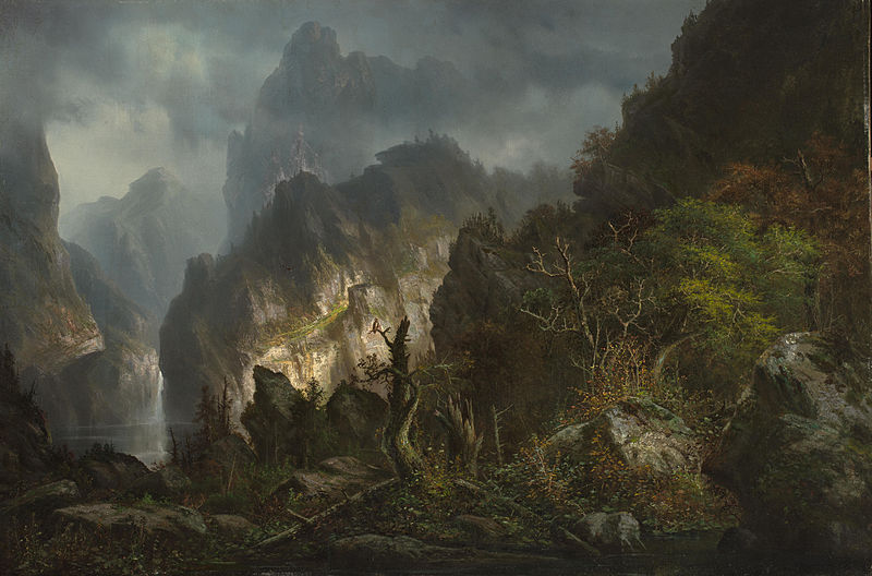 Elsirin takainen erämaa on osittain vaarallista vuoristoa, jonka syvistä laaksoista saattaa löytyä mitä vain. Storm in the mountains, Hermann Ottomar Herzog.