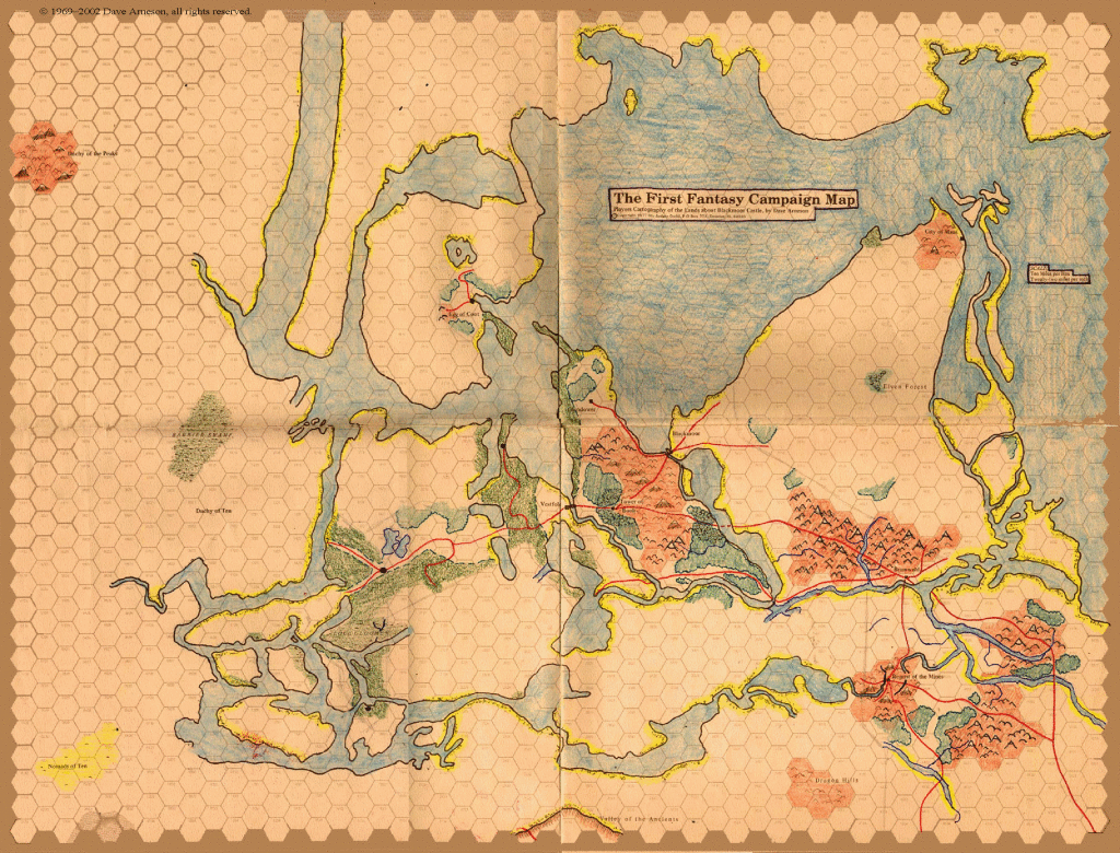 Arnsonin käsin värittämä First Fantasy Campaign -kartta. Kuva: Castle Blackmoor