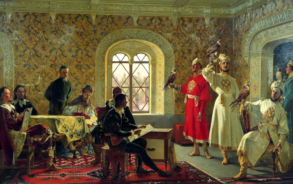 Alexander Litovchenko: Ambassador Horatio Calvucci sketching the favorite falcons of Tsar Alexis I (1889). Kuva: Wikimedia Commons