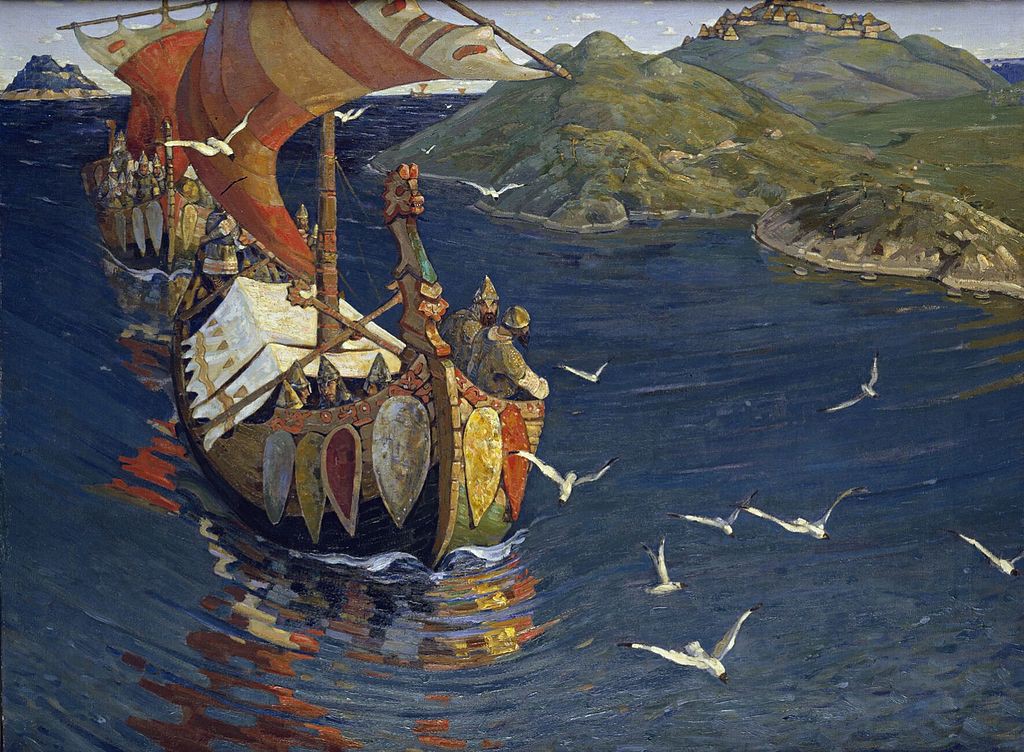 Nikolai Roerichin maalaus Vieraat meren takaa vuodelta 1899.